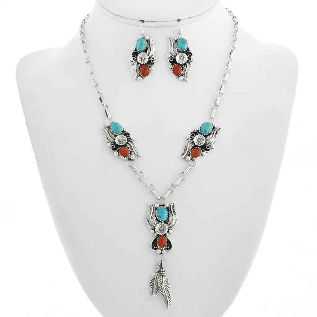 Navajo Turquoise Coral Necklace Earring Set Feather Dangles 1