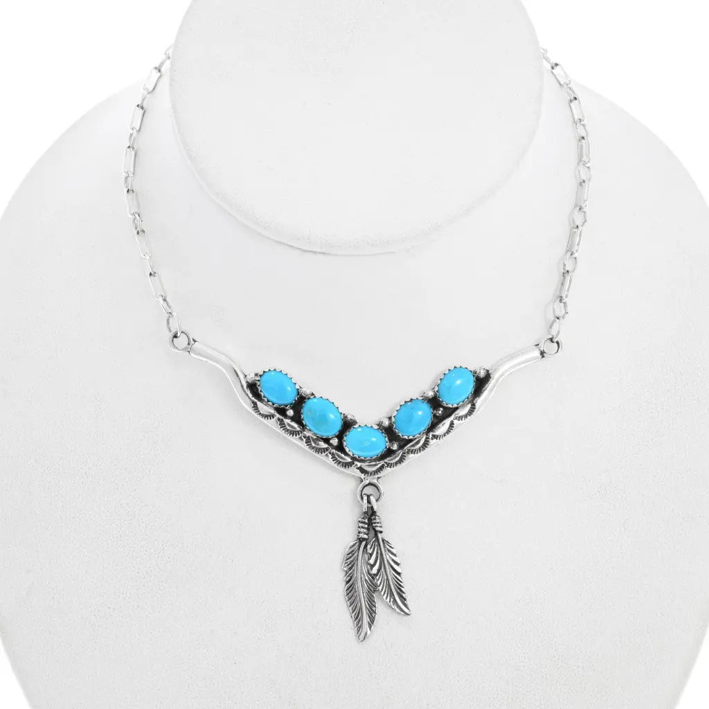 Navajo Turquoise Silver Feather Necklace Sterling Vee Links Design 1
