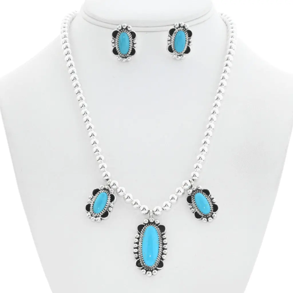 Beaded Turquoise Silver Pendant Necklace Earring Set 1