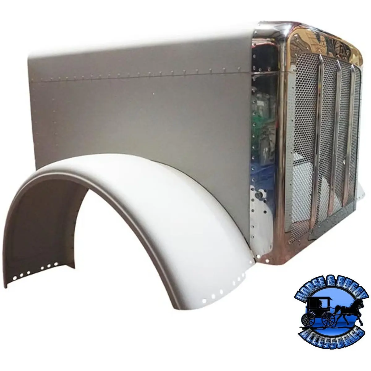 Bestfit Aluminum Hood W/ Fiberglass Fenders | Stainless Steel Grille Fits Extended Hood Peterbilt 389-Replaces L29-6098-101 1