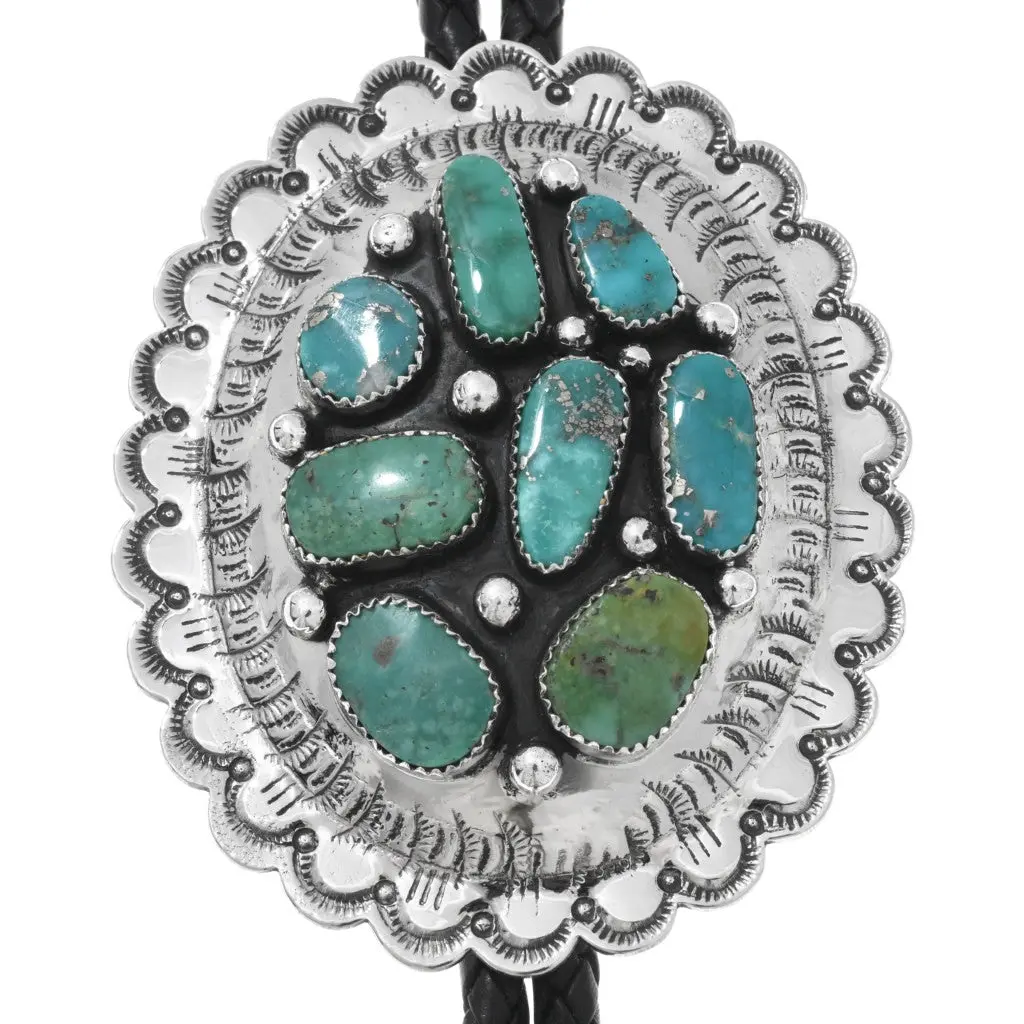 Navajo Turquoise Cluster Silver Bolo Tie Hand Hammered Concho 1