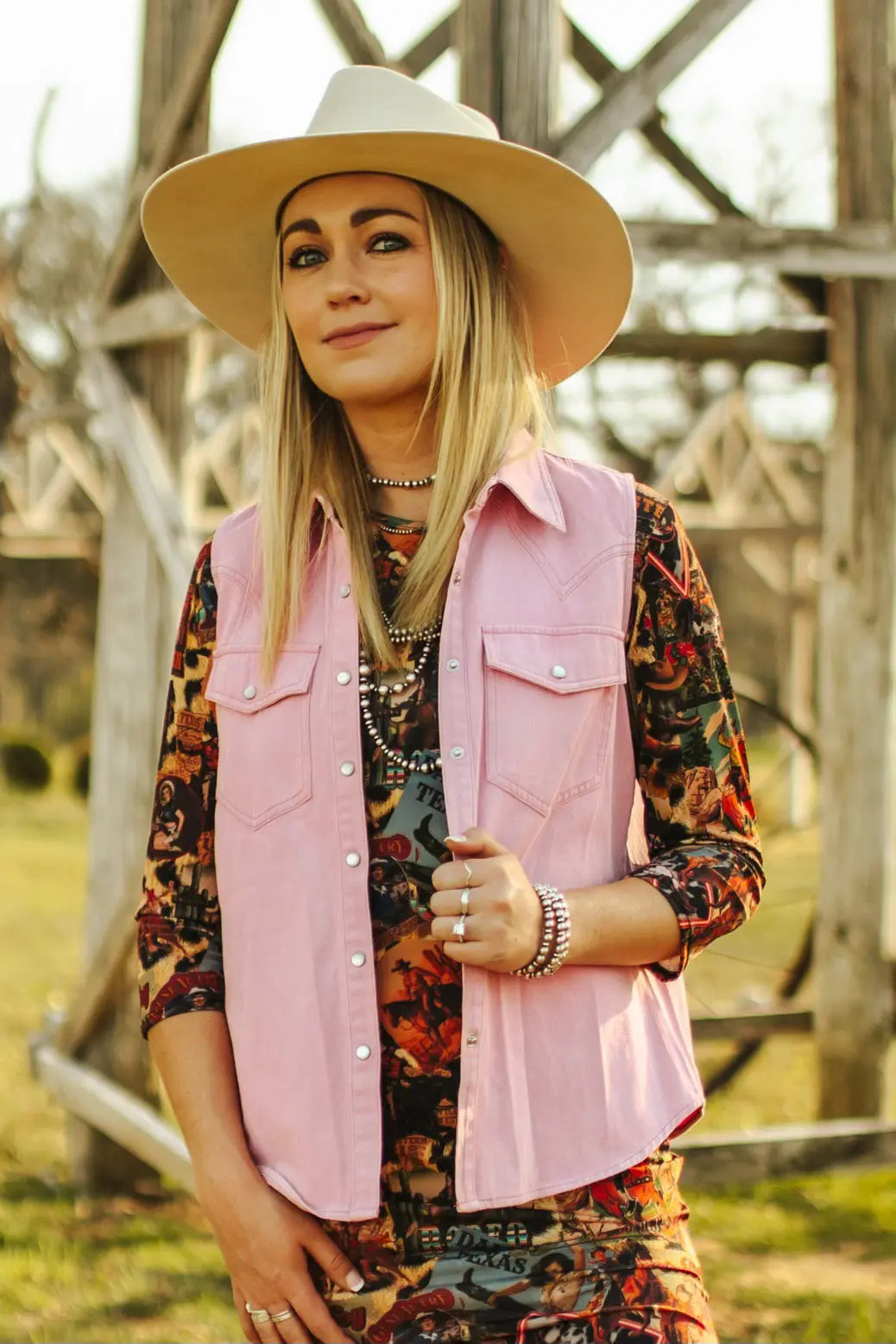 Pink Mineral Wash Denim Button Down Sleeveless Shirt - Bourbon Cowgirl 5