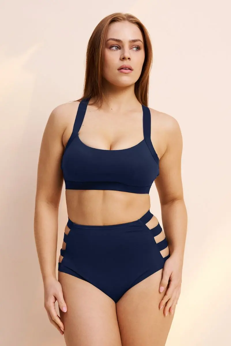 Lunalae Clover Side Strap High Waist Bottoms - Navy 1