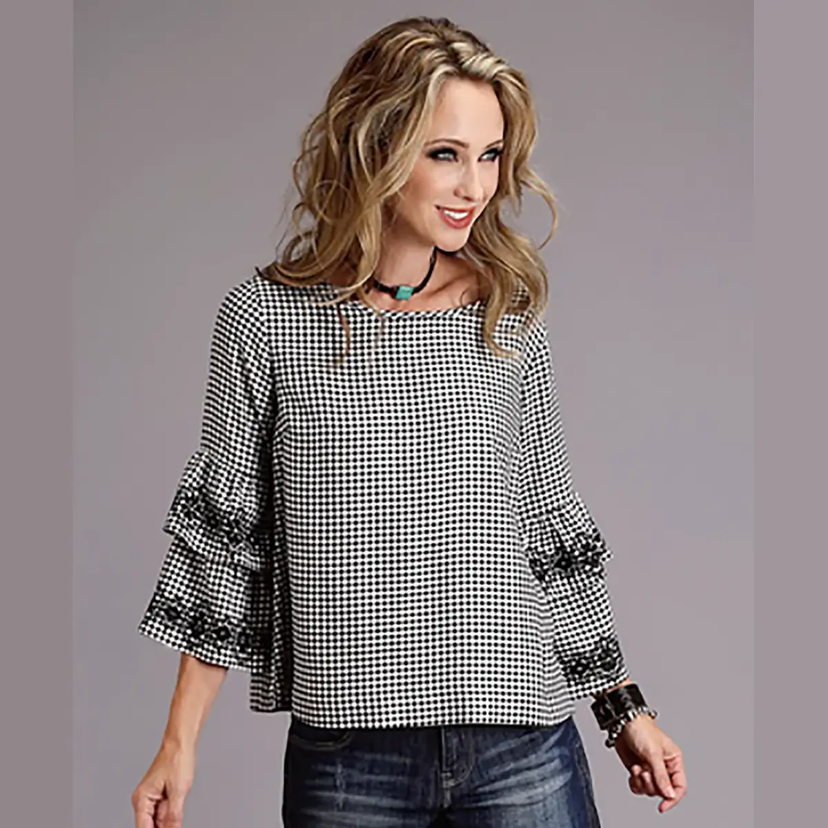 Stetson Black & White Gingham Peasant Blouse 1