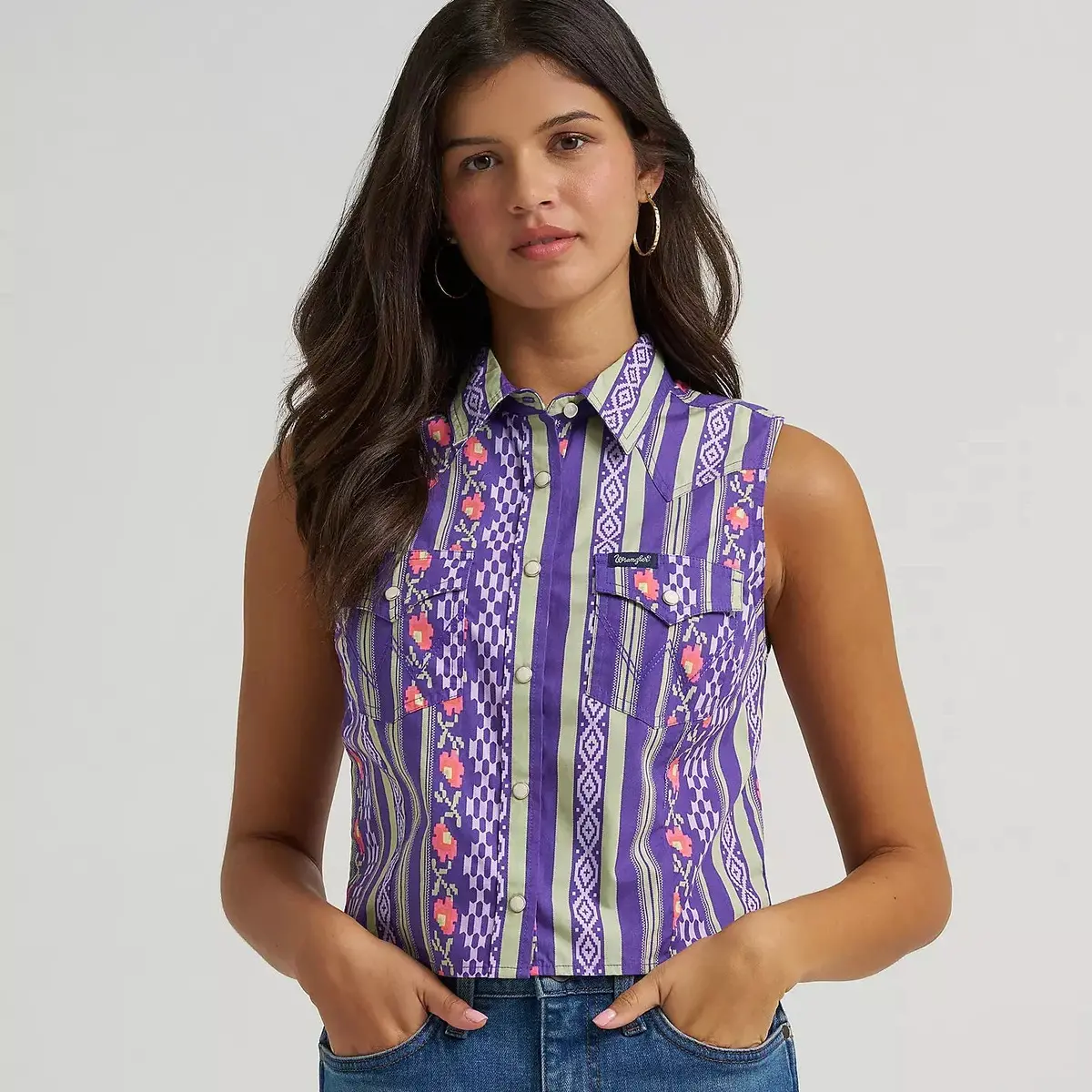 Wrangler Retro Punchy Sleeveless Snap Shirt Purple At Bourbon Cowgirl 1