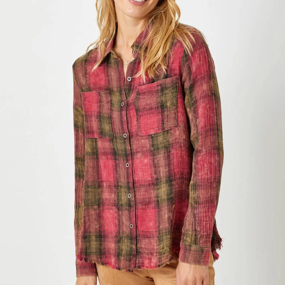Fringe Bottom Washed Plaid Shirt 1