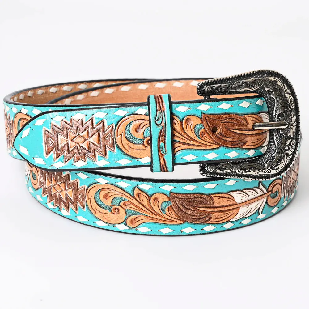 Turquoise Aztec & Feathers Tooled Leather Belt- Western Belts For Cowgirls 1
