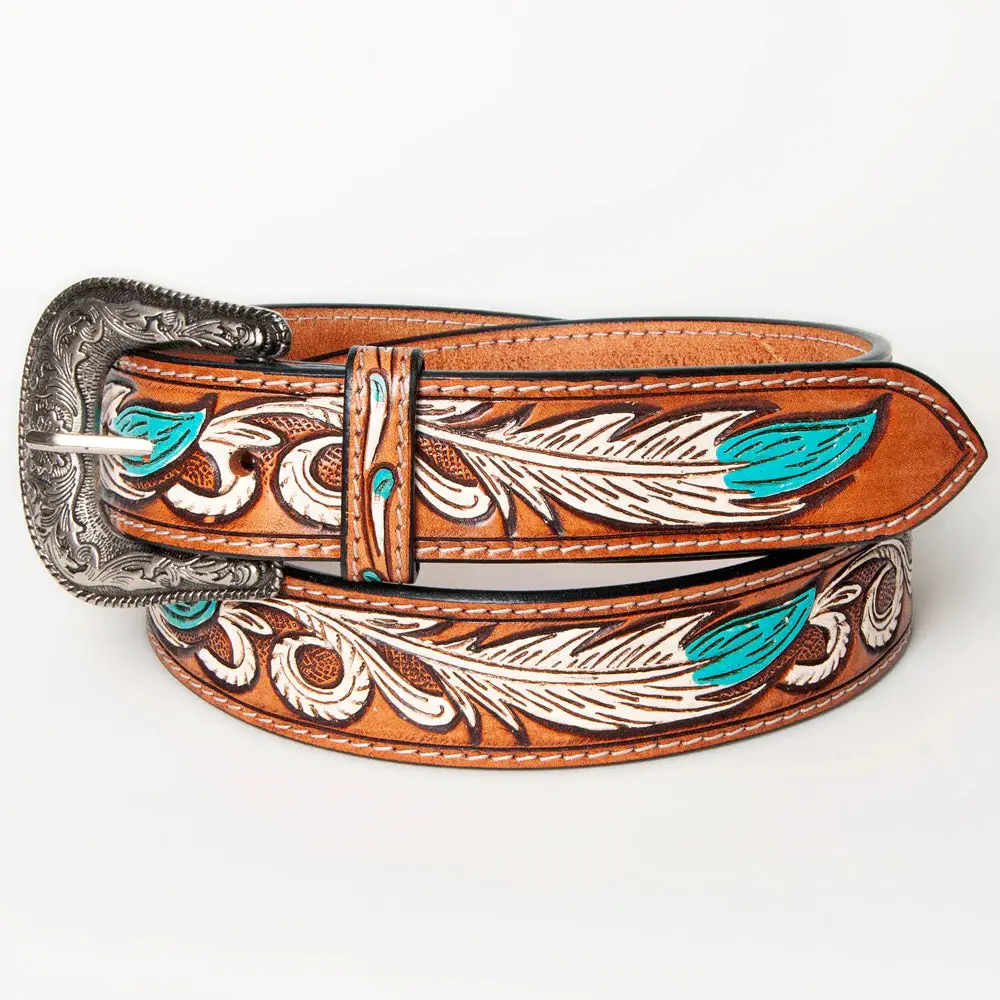 Turquoise Feathers Tooled Leather Belt- Western Belts For Cowgirls 1