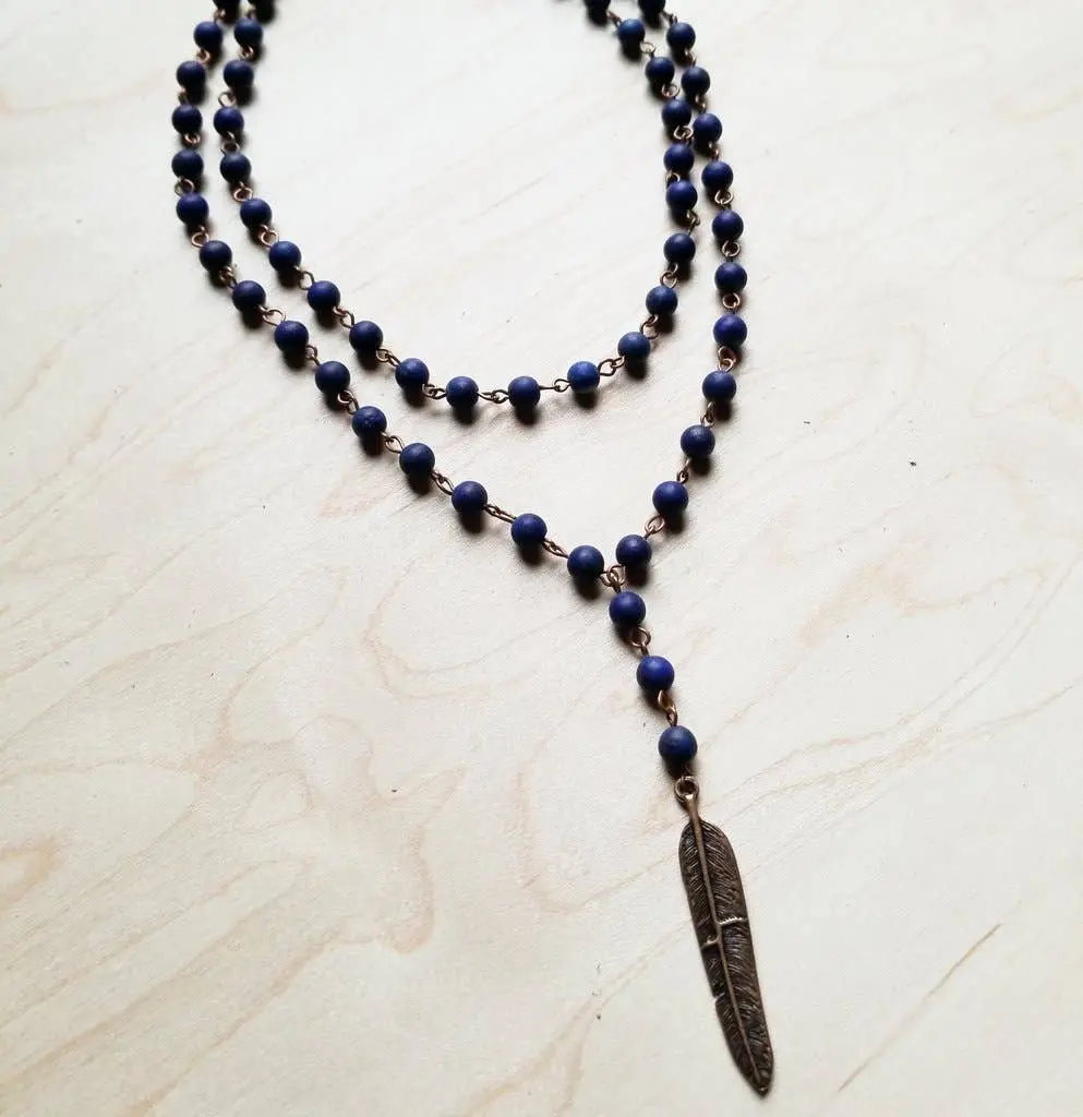Blue Lapis Double Strand With Copper Feather Necklace -Boho Western Cowgirl Jewelry 1