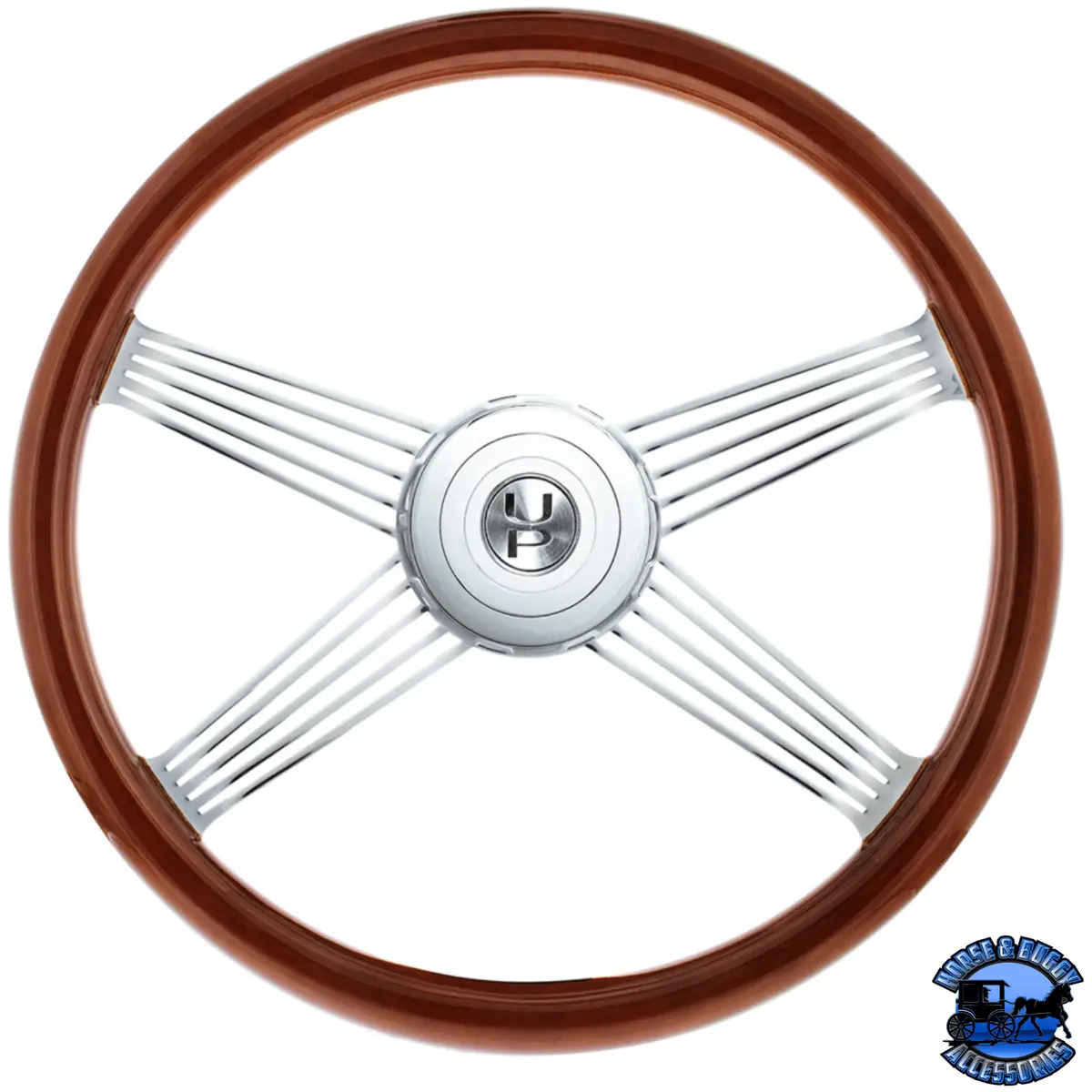 18" Chrome 4 Spoke With Wire Cutout Steering Wheel With Horn Bezel & Button-Wood Grain #88118 1