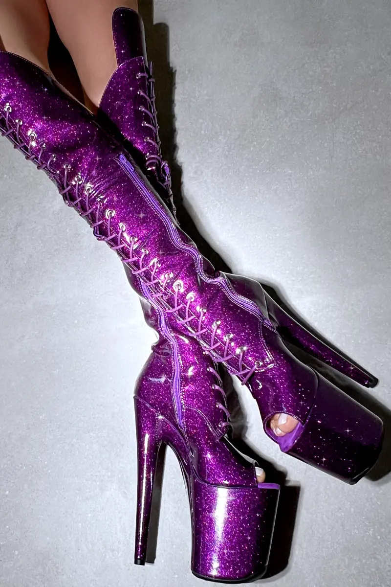 Hella Heels The Glitterati Open Toe Over The Knee 8Inch Boots - Purple Rain 4