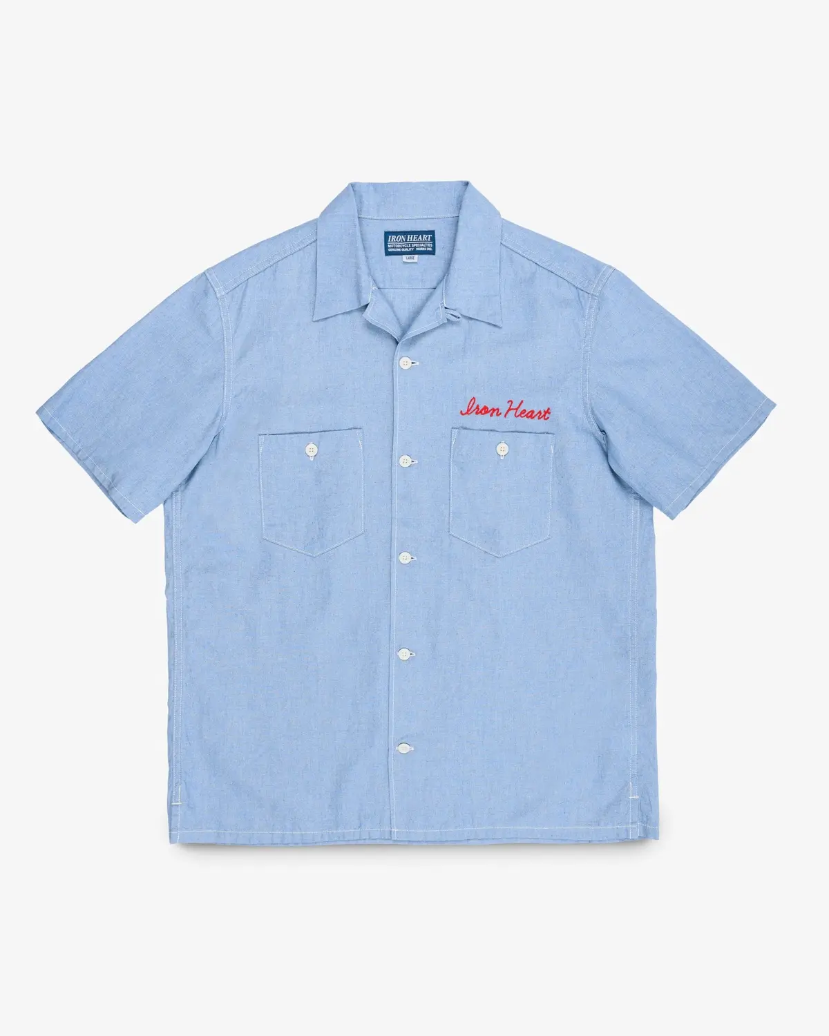 5Oz Cotton Linen Open Collar Short Sleeve Shirt - Sax Blue 1