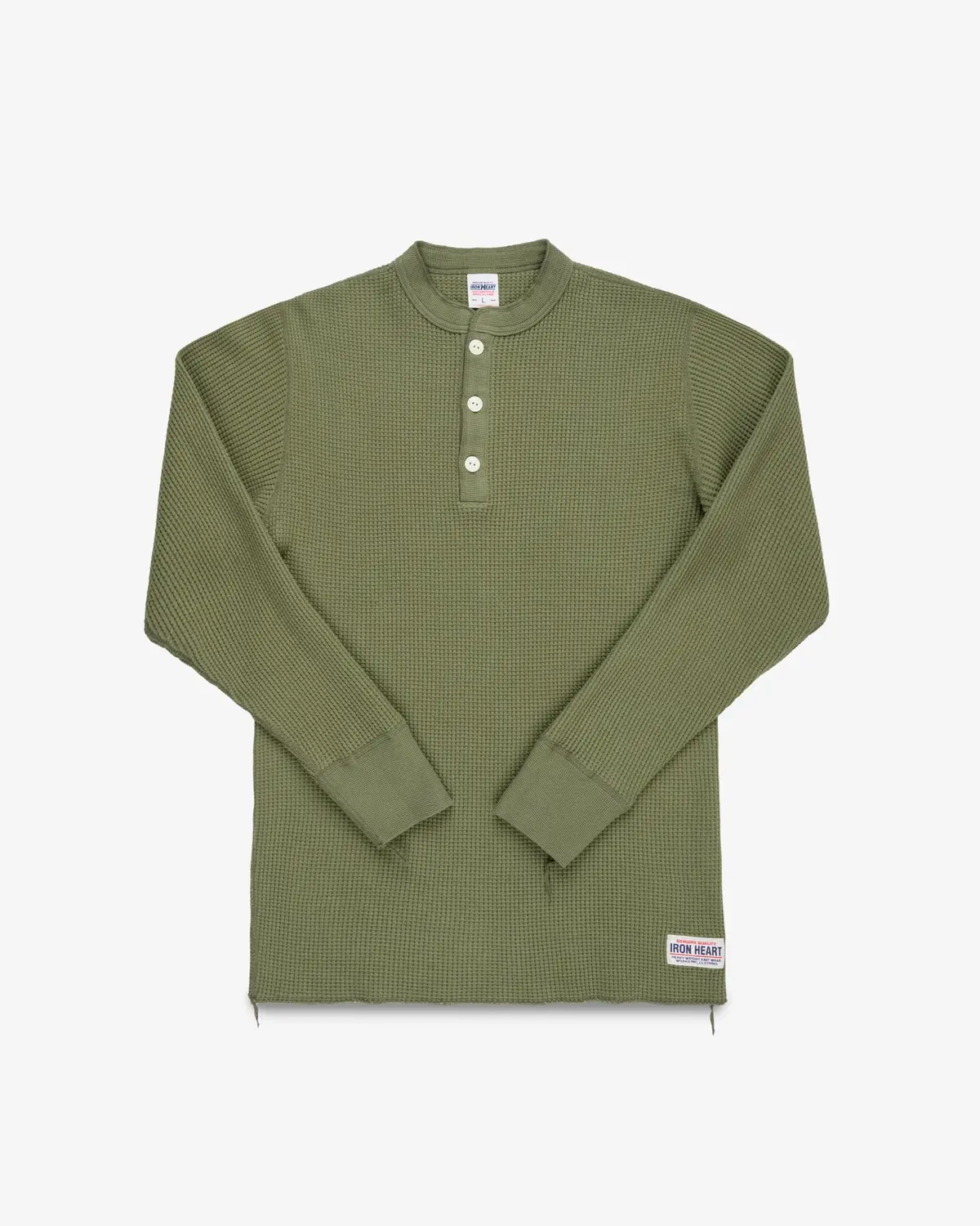 Waffle Knit Long Sleeved Thermal Henley - Olive 1