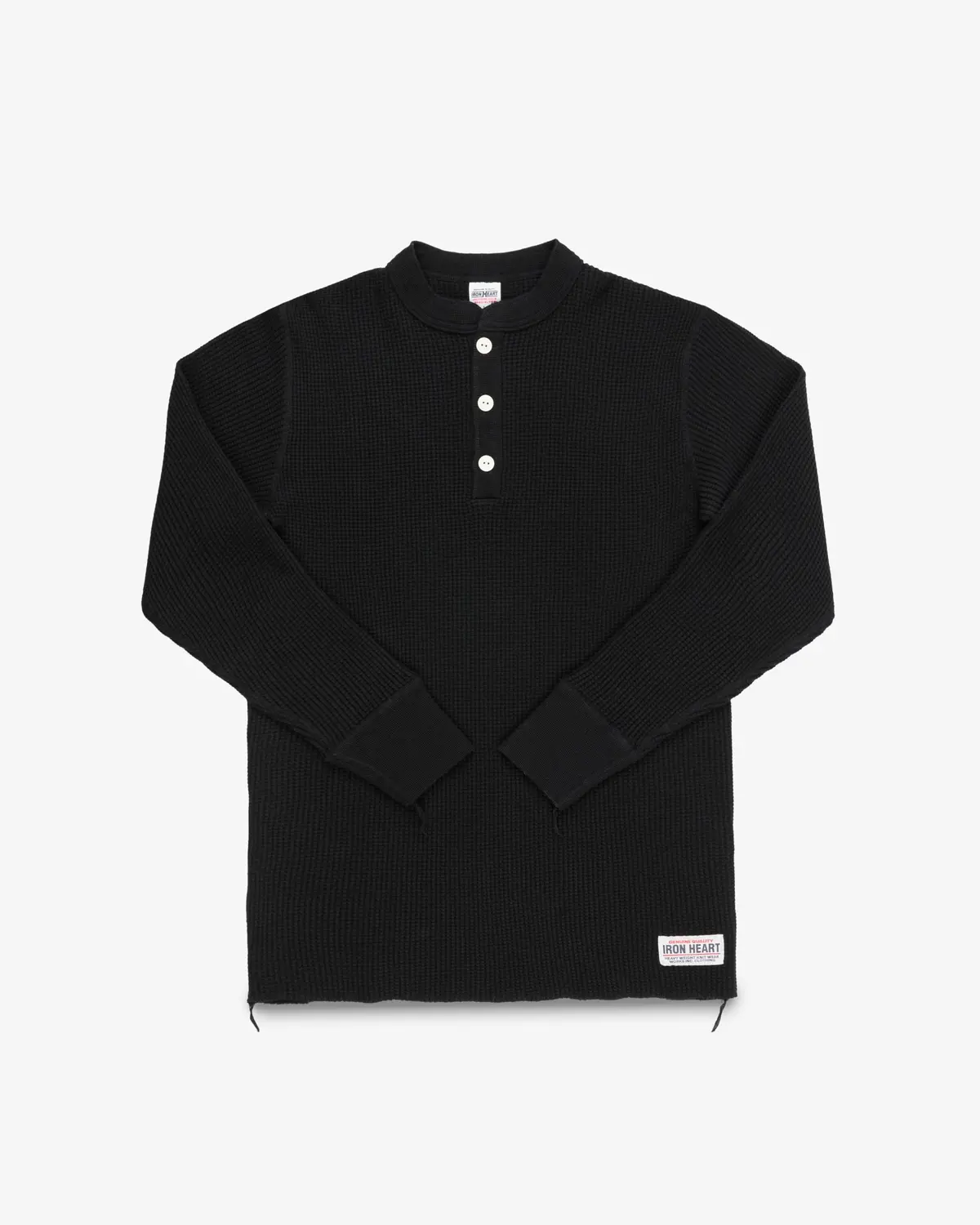 Waffle Knit Long Sleeved Thermal Henley - Black 1