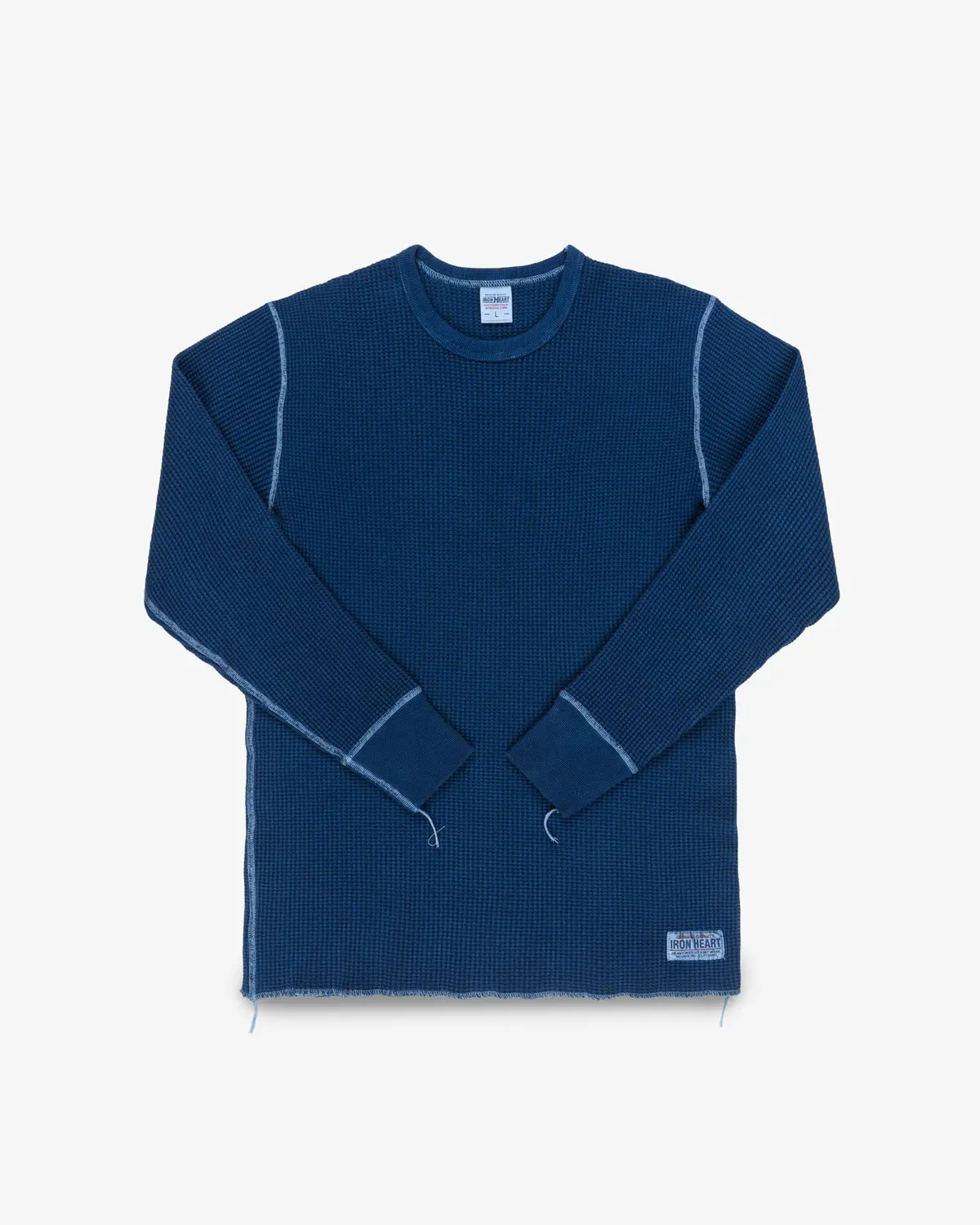 Waffle Knit Long Sleeved Crew Neck Thermal Top - Indigo Dyed 1