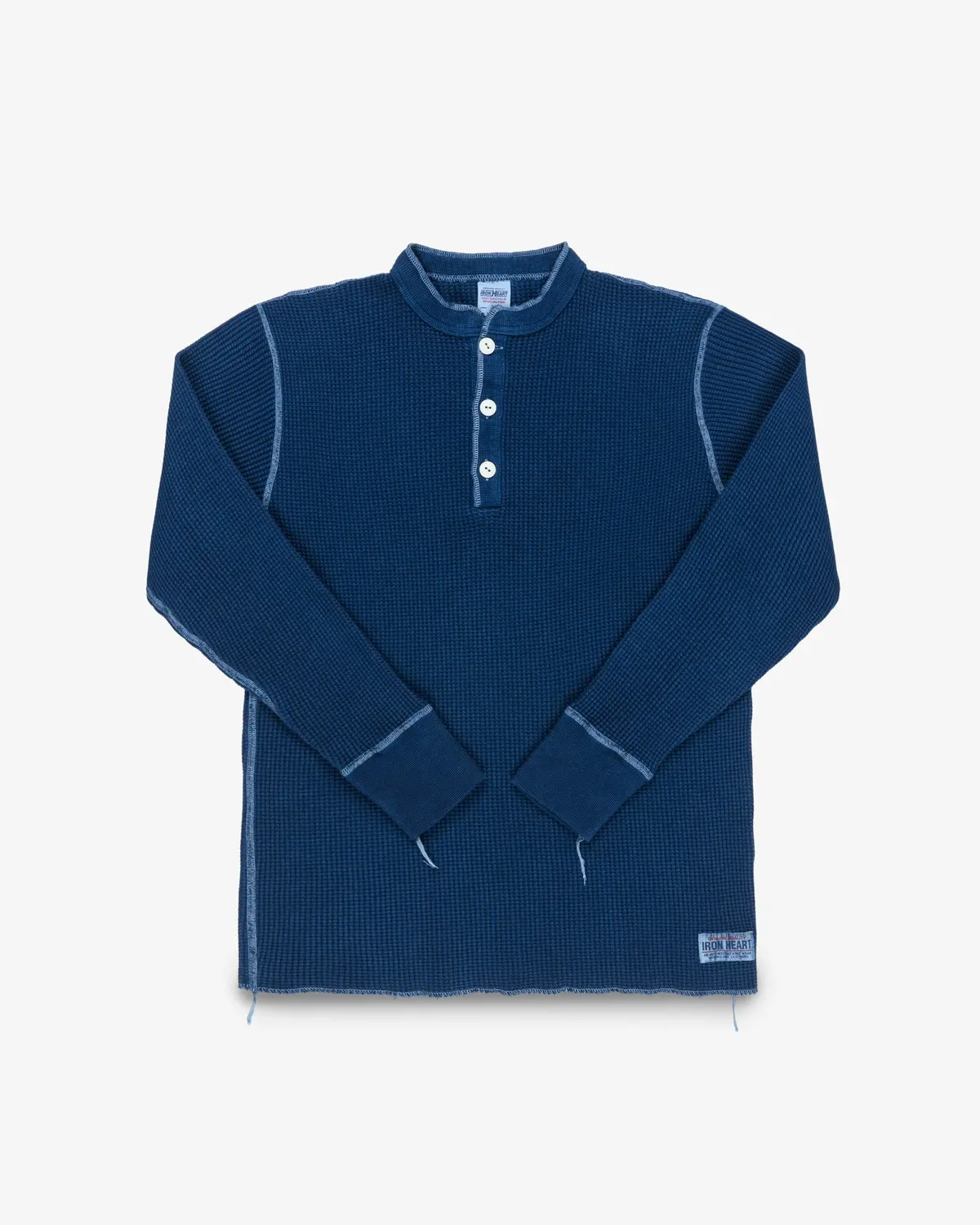 Waffle Knit Long Sleeved Thermal Henley - Indigo Dyed 1