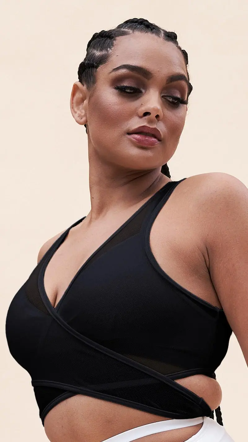 Lunalae Fiona Crossover Wrap Top - Black Mesh 1