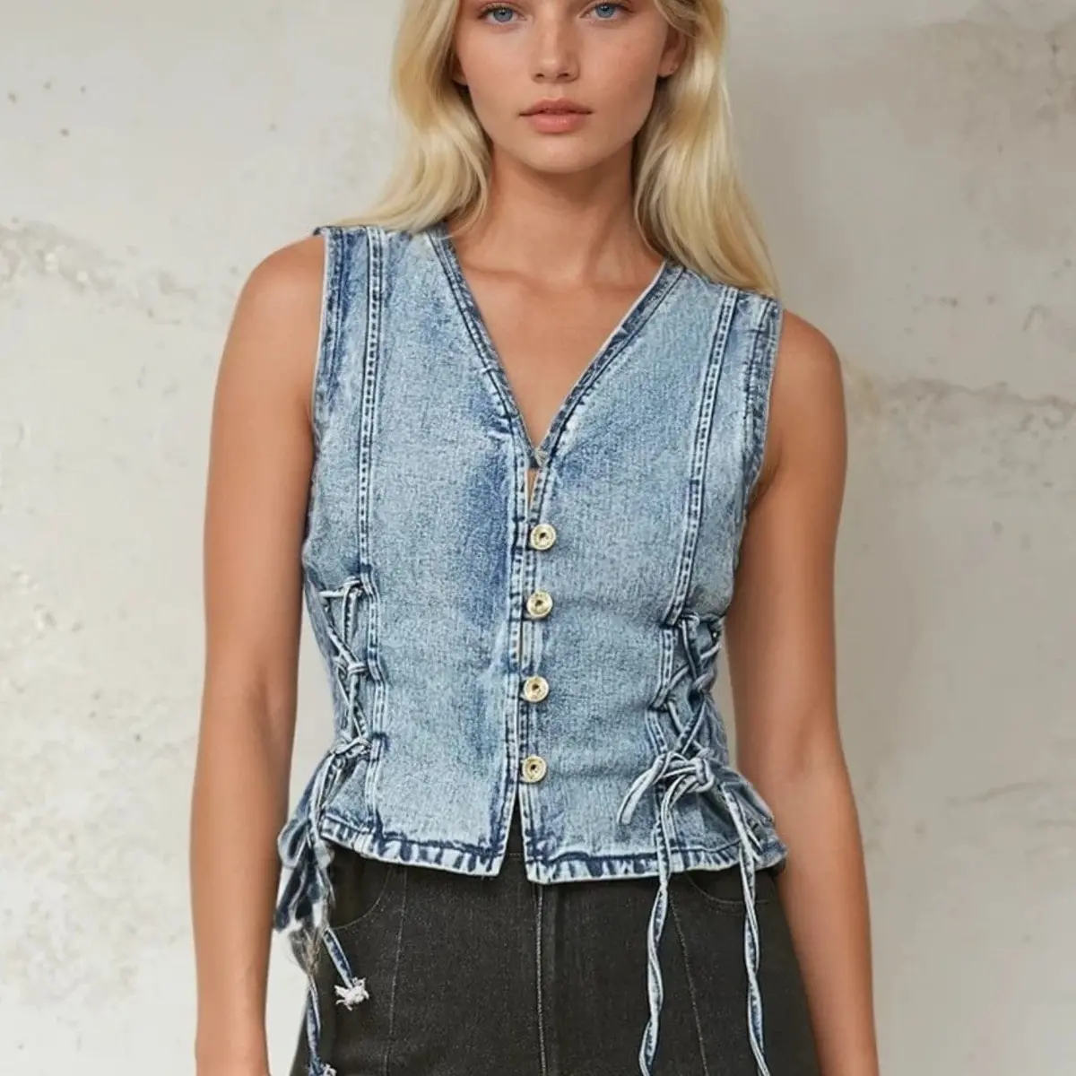 Colored Denim Vest With Lace Up Sides At Bourbon Cowgirl 1