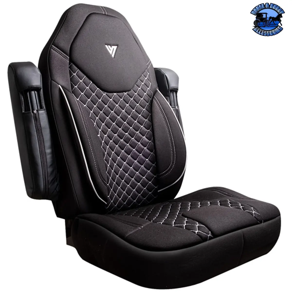 #29-19200001 V-Truck Corp Black Cloth Seat Cover W/ Back Pocket Sleeve And Gray Stitching For International, Kenworth, Peterbilt, Volvo 1