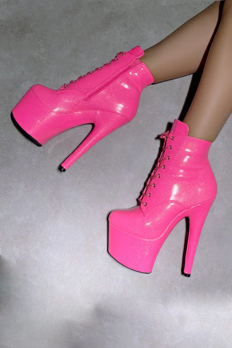 Hella Heels The Glitterati 7Inch Low Ankle Boots - Juicy Pink Burst 1