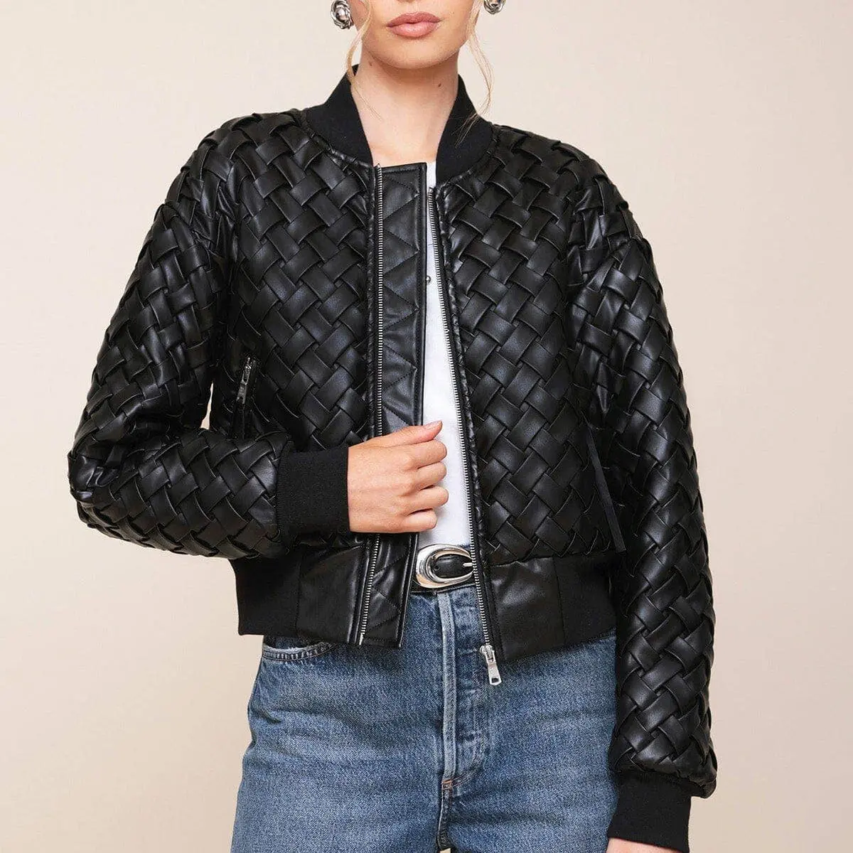 Woven Faux-Ever Leather™ Bomber Jacket - Black 1