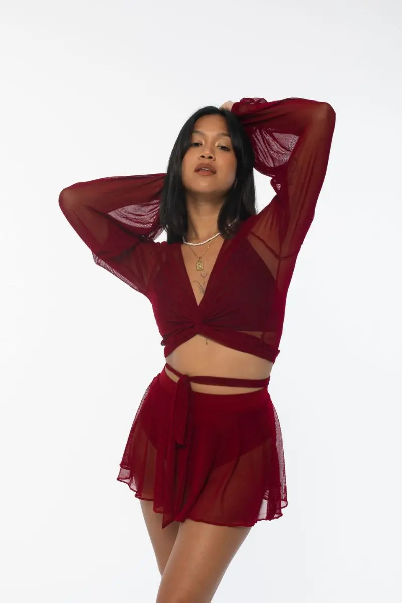 Rev Activ Mesh Wrap Blouse - Wine 1