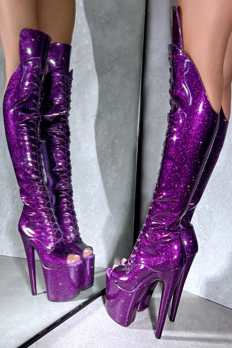 Hella Heels The Glitterati Open Toe Over The Knee 8Inch Boots - Purple Rain 3