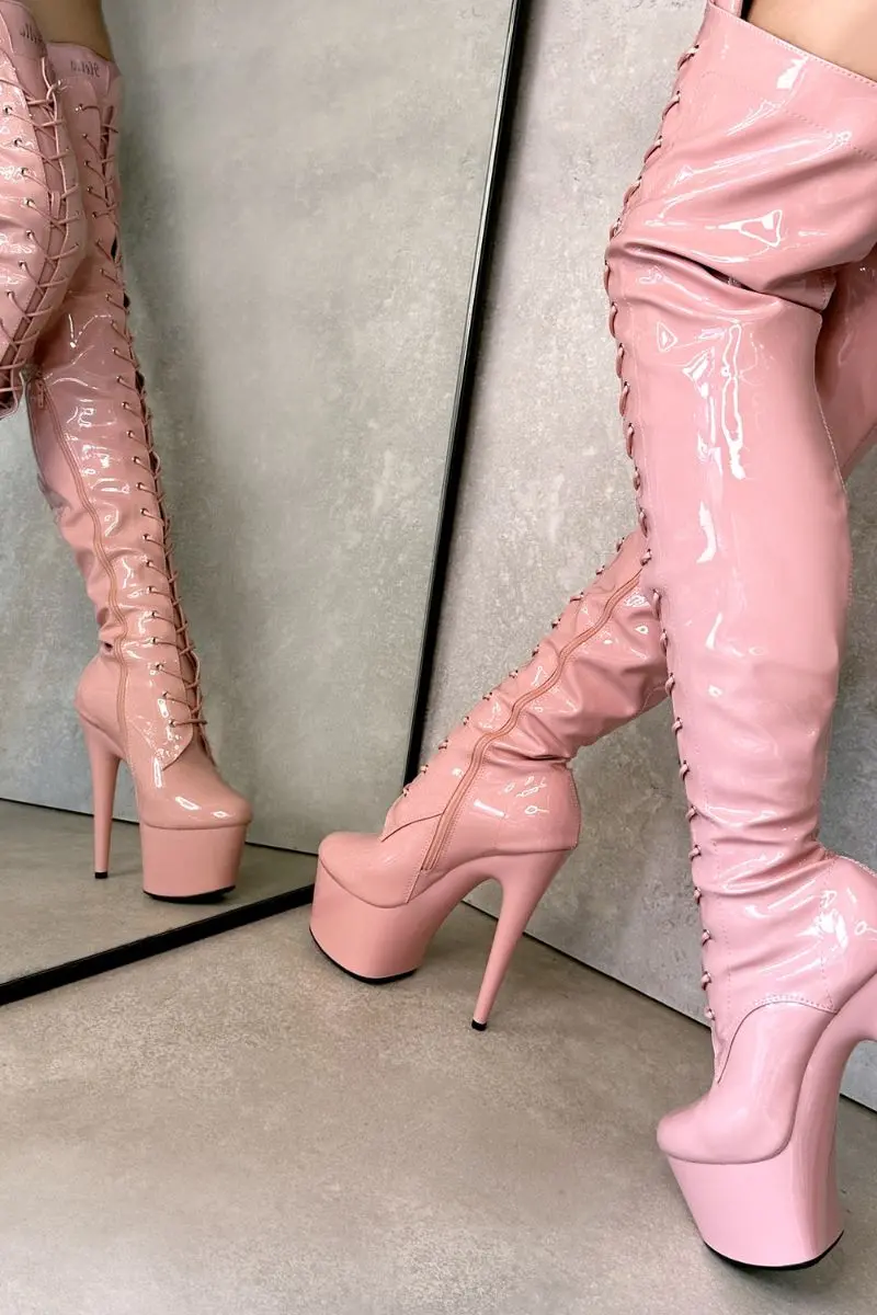 Hella Heels Lipkit Thigh High Front Lace 7Inch Boots - Candy Shop 1