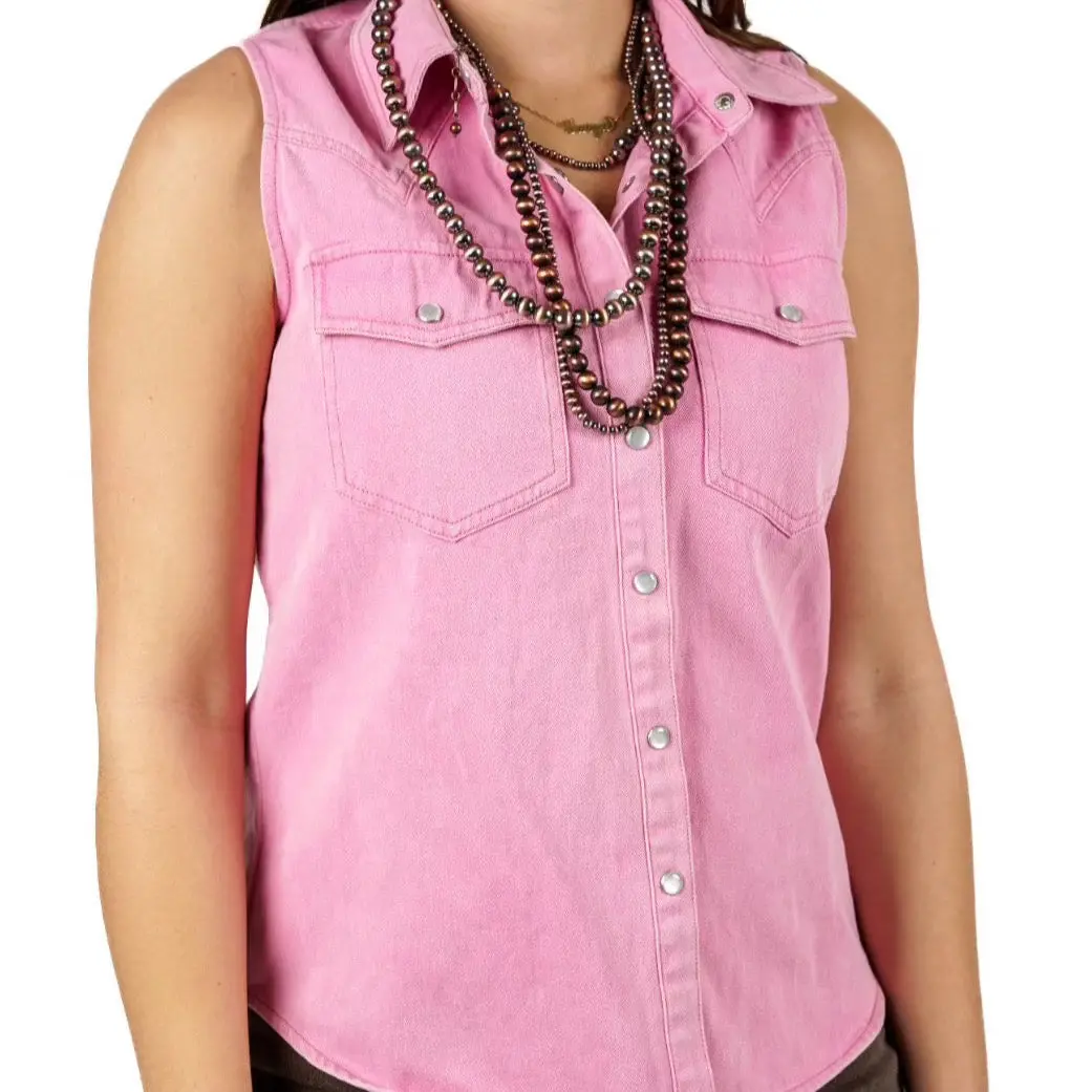 Pink Mineral Wash Denim Button Down Sleeveless Shirt - Bourbon Cowgirl 2