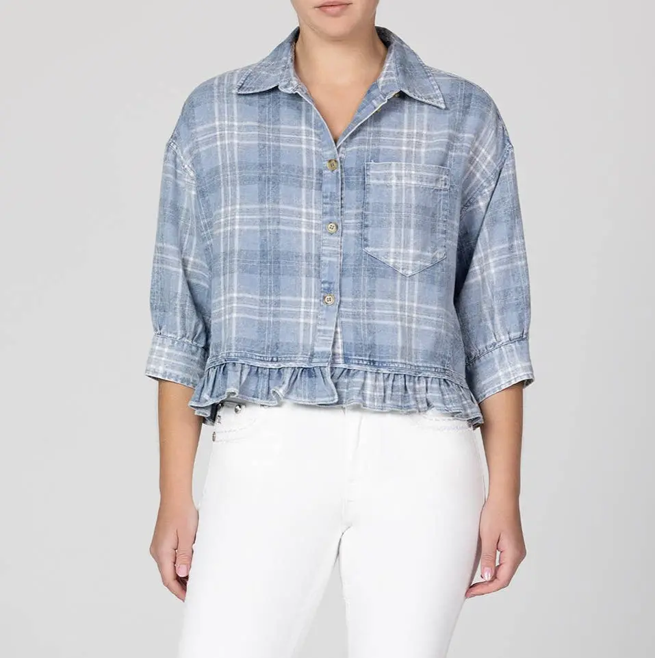 Blue Denim Plaid Top With Ruffle Hem 1
