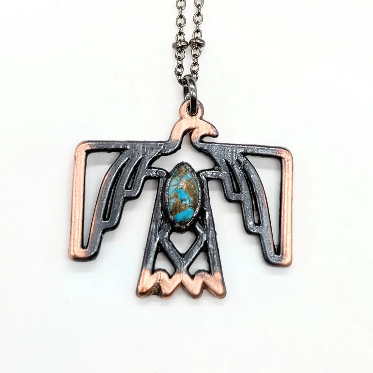 Gunmetal Thunderbird With Turquoise Pendant Necklace 1