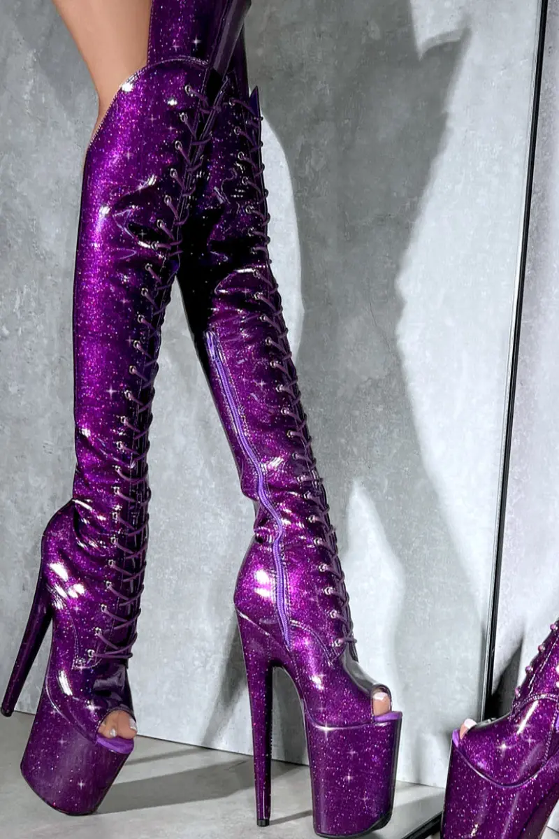 Hella Heels The Glitterati Open Toe Over The Knee 8Inch Boots - Purple Rain 6