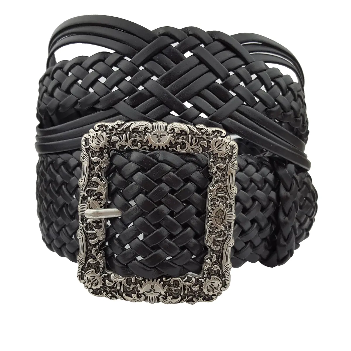 Hand Braided Black Leather Belt With Silver Floral Etched Buckle 1