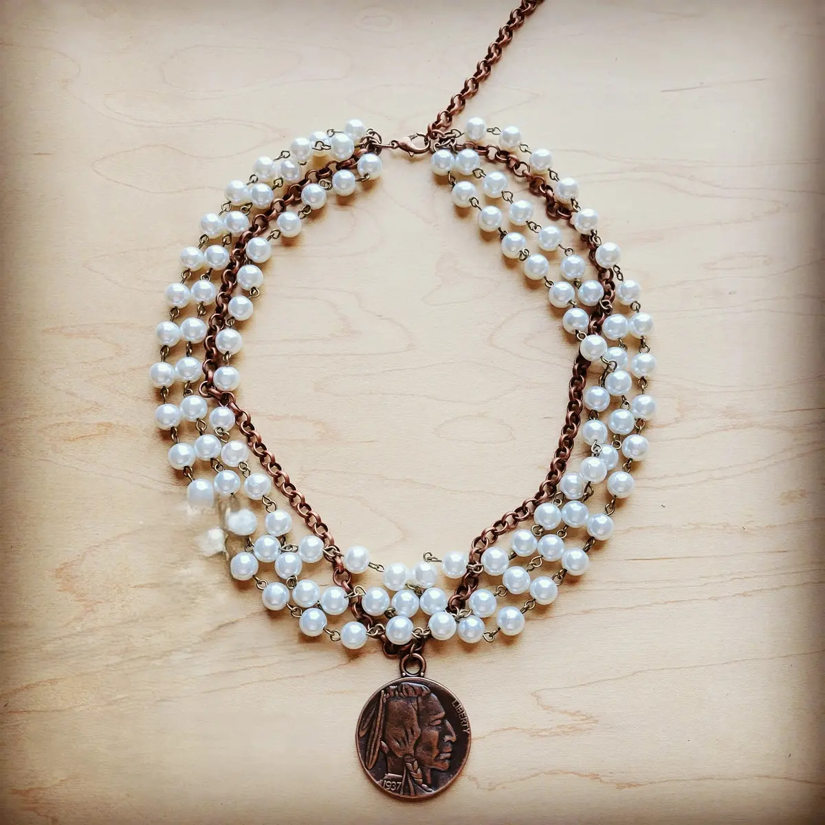 Indian Head Coin Pendant Necklace, Pearl & Antique Copper 1