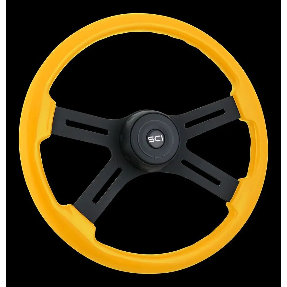 Sc-444-3015-77004 18" Classic Yellow Painted Wood Rim W/ Resin Overcoat, Black Powder Coated 4-Spoke W/Slot Cut Outs, Black Textured Bezel, Sci Black Horn Button 1