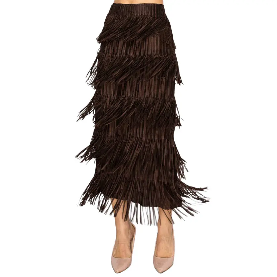 Layered Fringe Tiered Brown Maxi Skirt 1