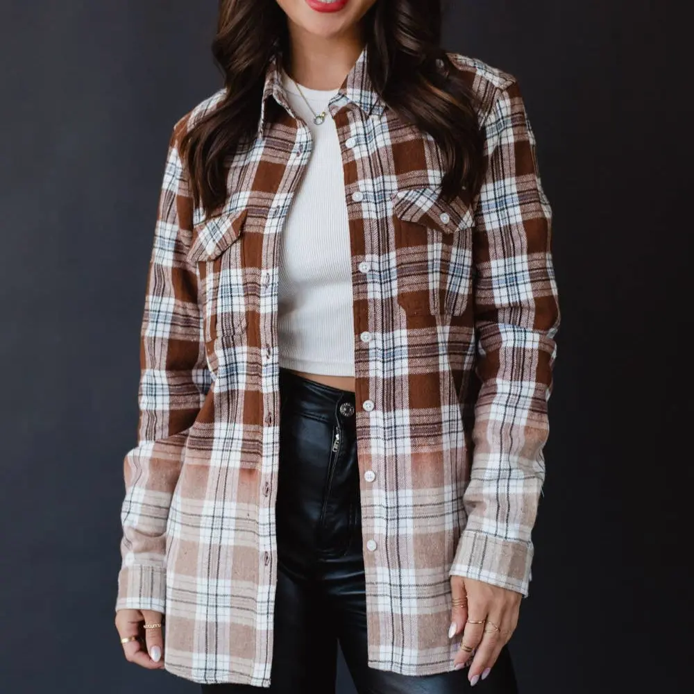 Brown, Black, Blue & White Plaid Flannel Shirt For Cowgirls 1