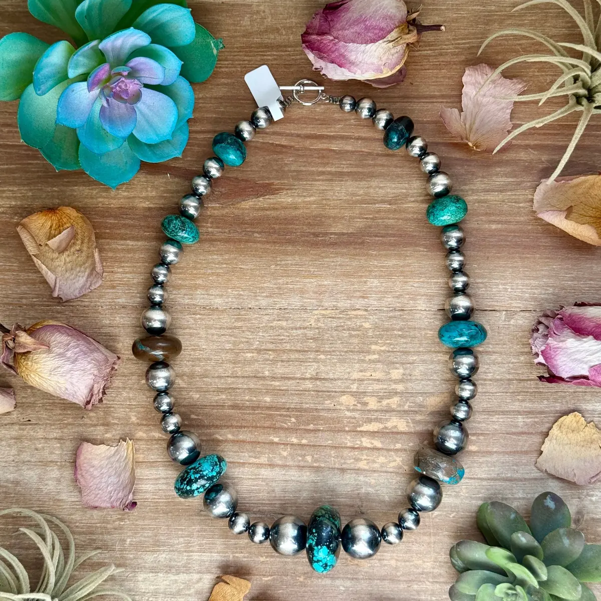 22” Massive Turquoise Rondelle Necklace – Sterling Silver Pearls 1