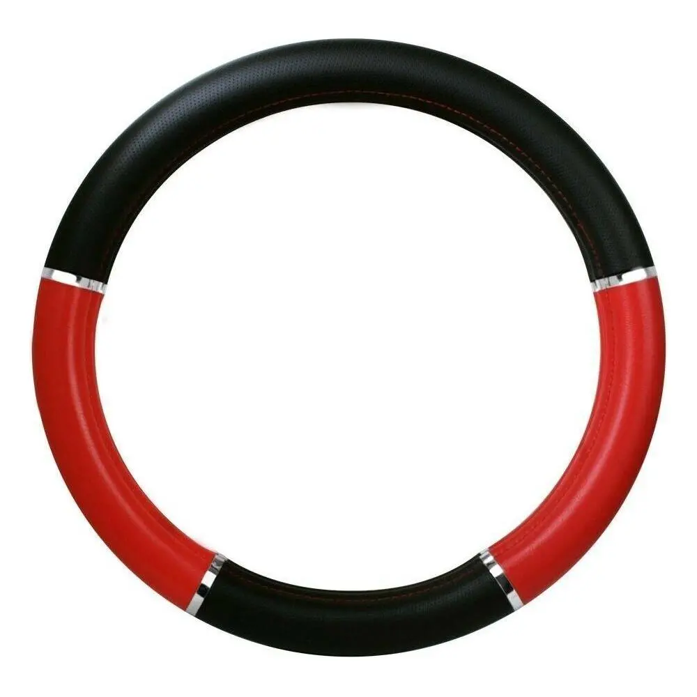 Steering Wheel Cover Truck Universal Black Leather Red Chrome Accents #54014 1