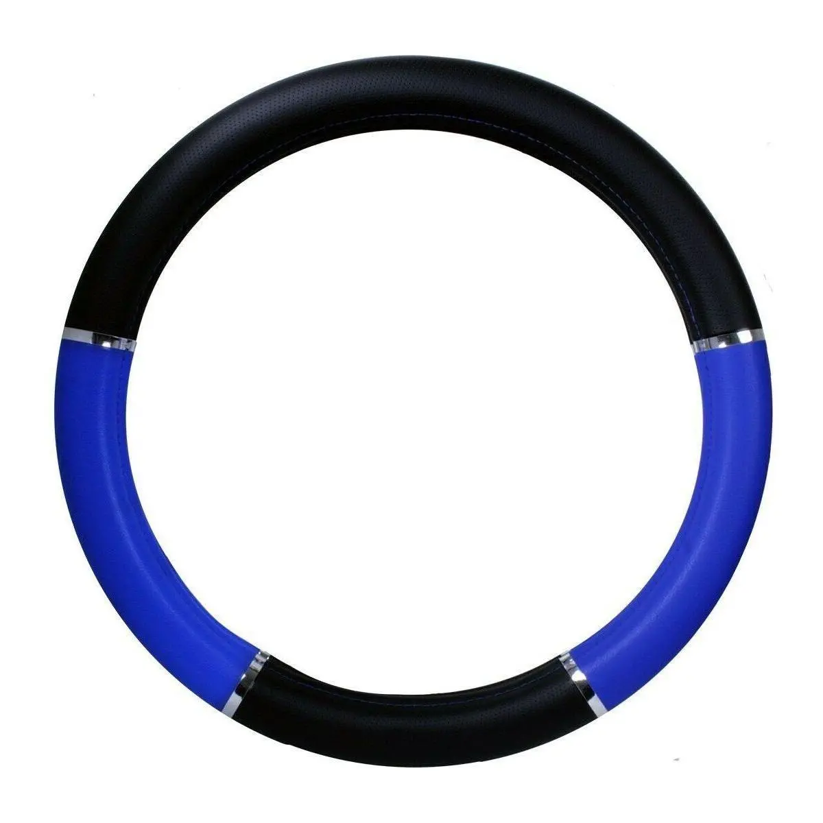 54013 Truck Universal Steering Wheel Cover 18" Inch Black Leather & Blue/Chrome 54013 1