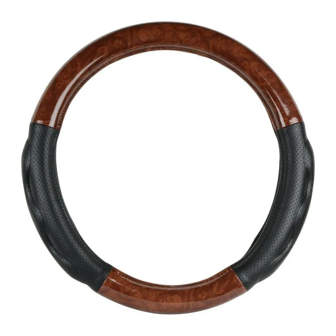 #54050 Truck Universal Steering Wheel Cover 18" Inch Dark Wood Black Comfort Pads 1