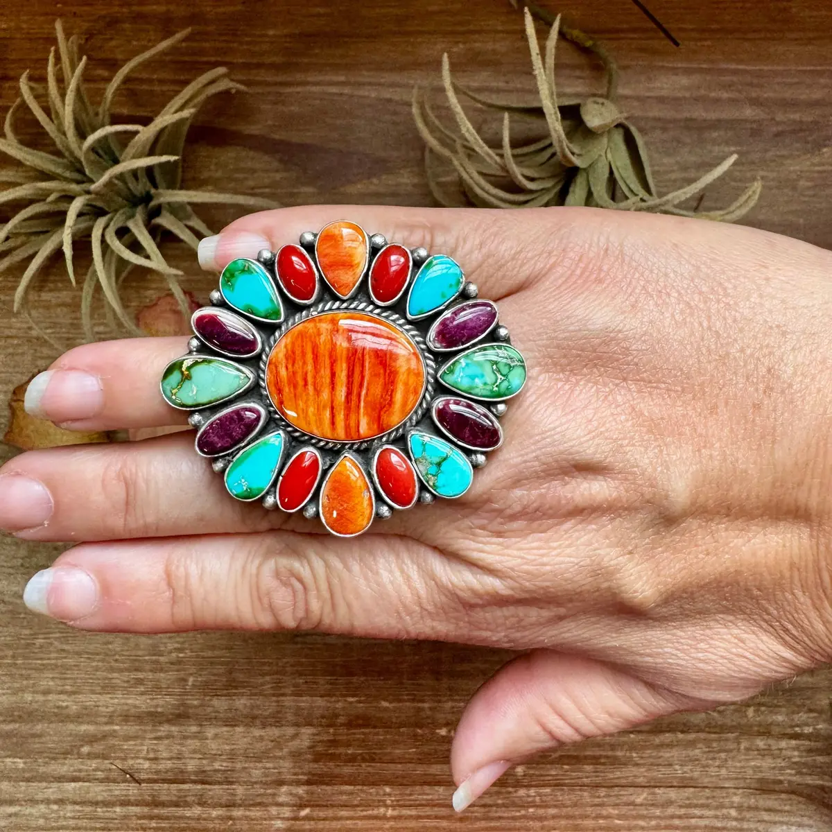 Adjustable Cluster Ring – Spiny Oyster & Sonoran Gold By E. Richards, Native Made 1