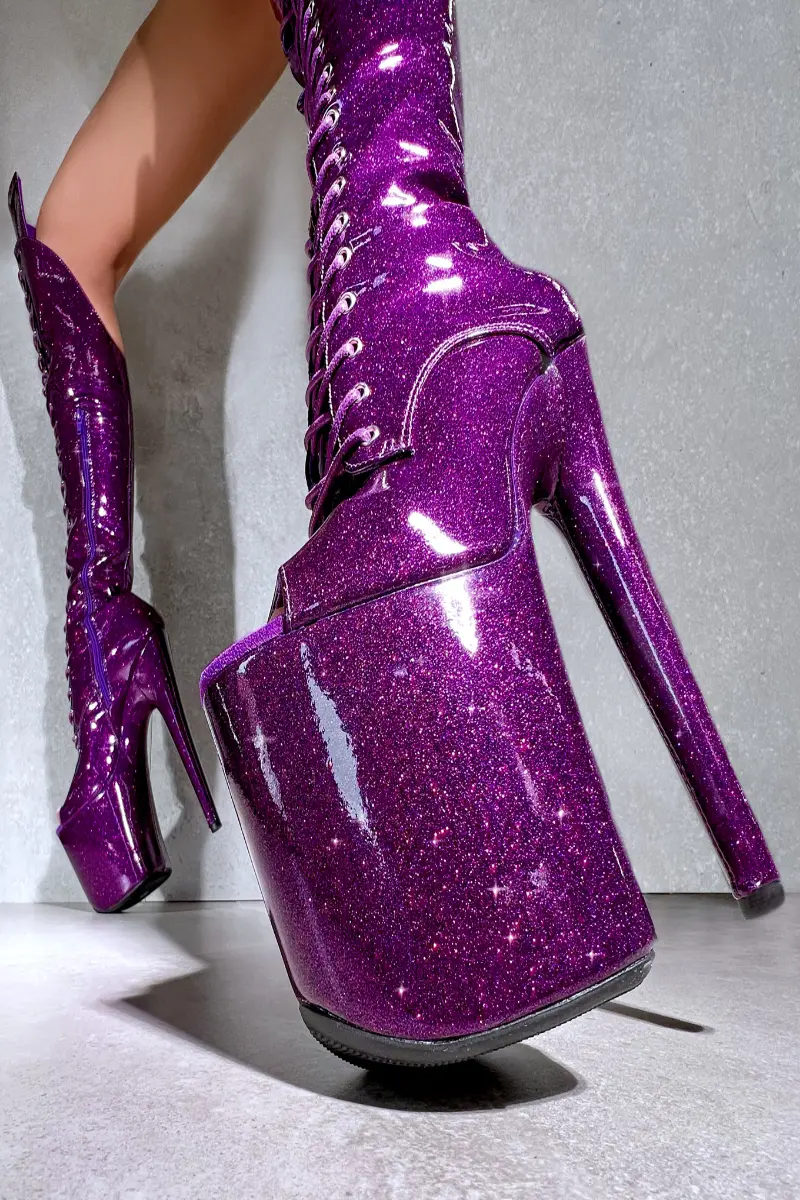 Hella Heels The Glitterati Open Toe Over The Knee 8Inch Boots - Purple Rain 5
