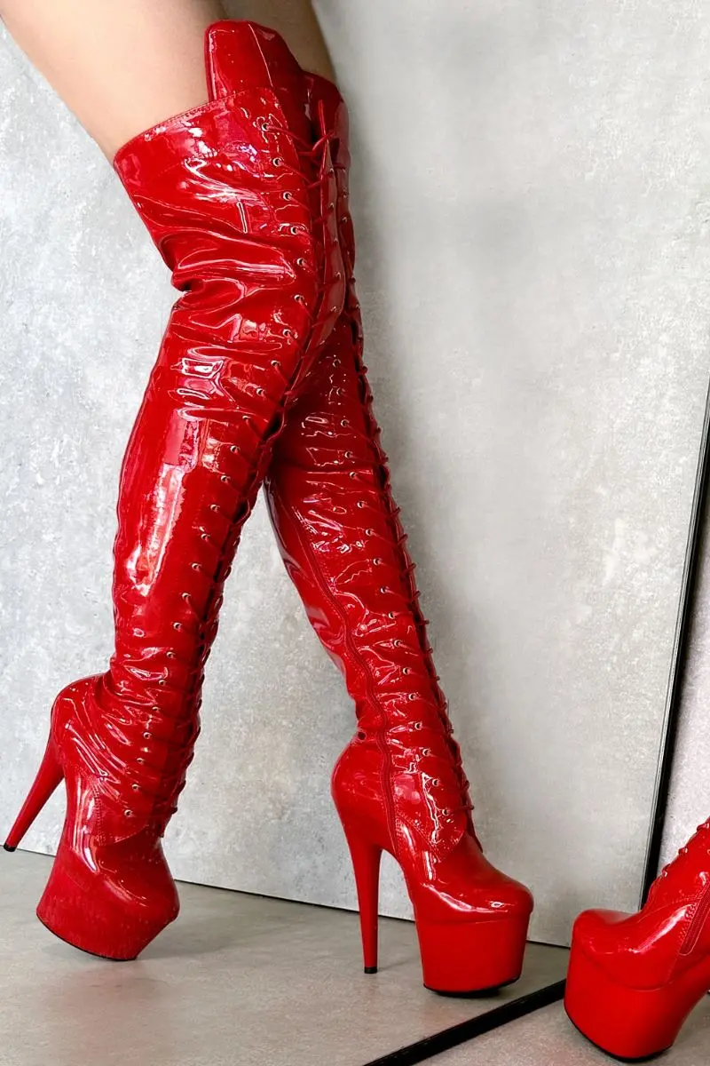 Hella Heels Lipkit Thigh High Front Lace 7Inch Boots - Cherry Pie 1