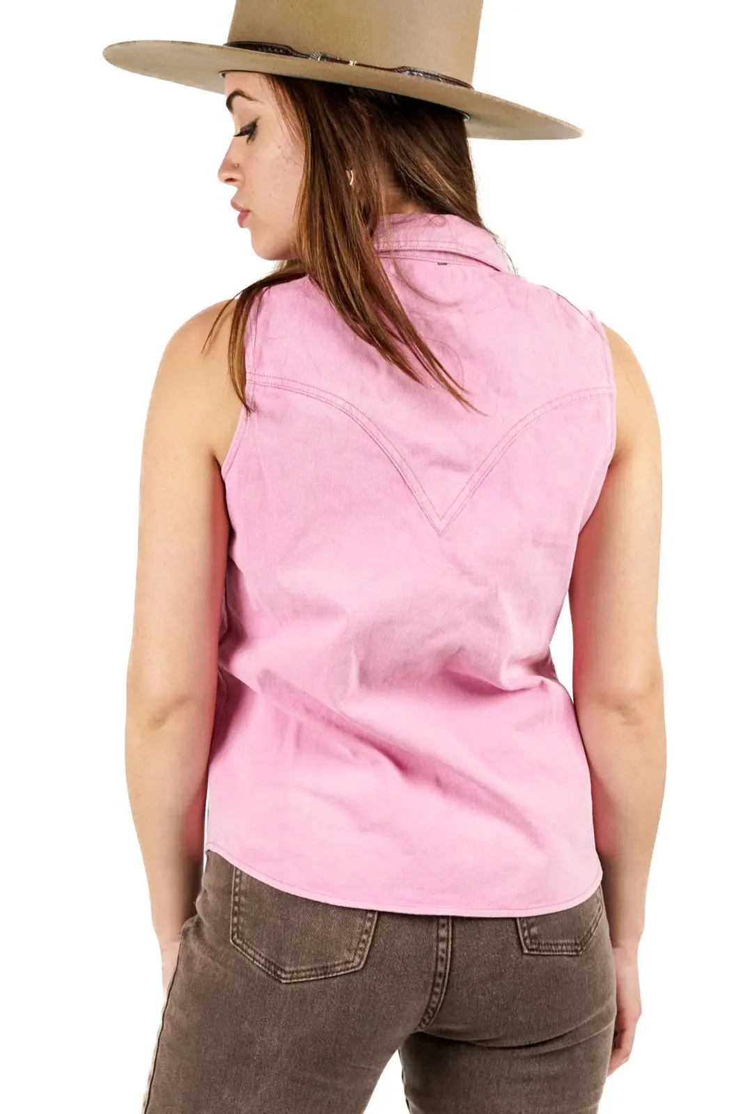Pink Mineral Wash Denim Button Down Sleeveless Shirt - Bourbon Cowgirl 4