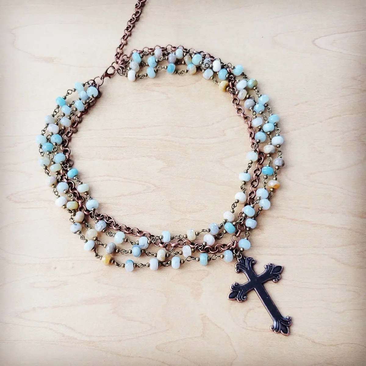 Amazonite Beaded Collar Necklace W/ Cross Pendant 1