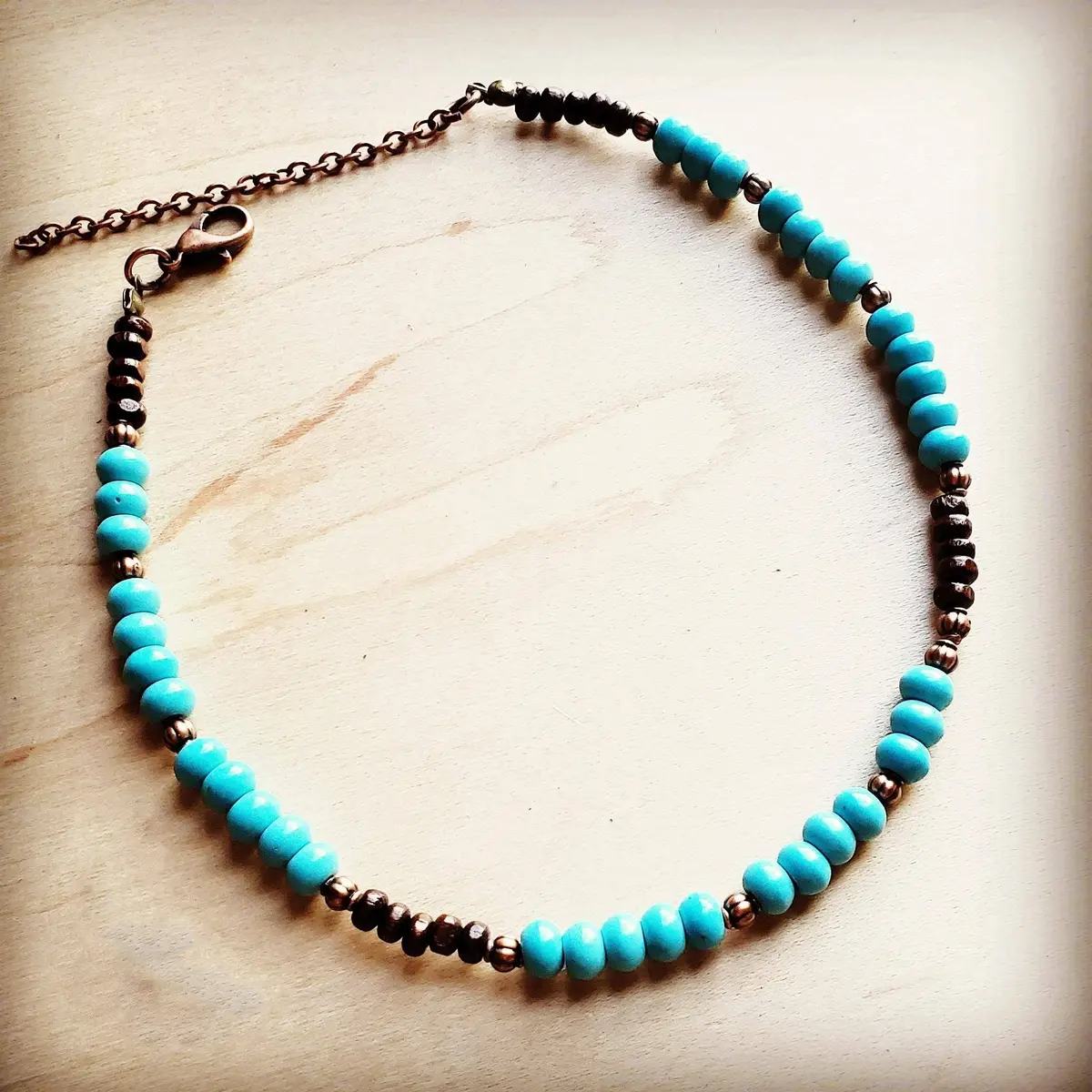 Blue Turquoise, Wood And Copper Beads Choker Necklace 1