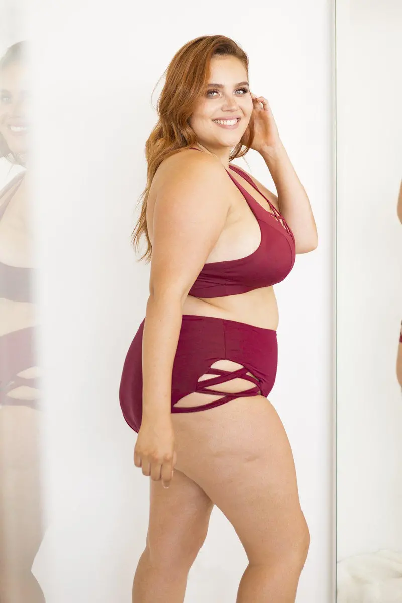 Lunalae High Waist Cross Section Shorts - Wine 1