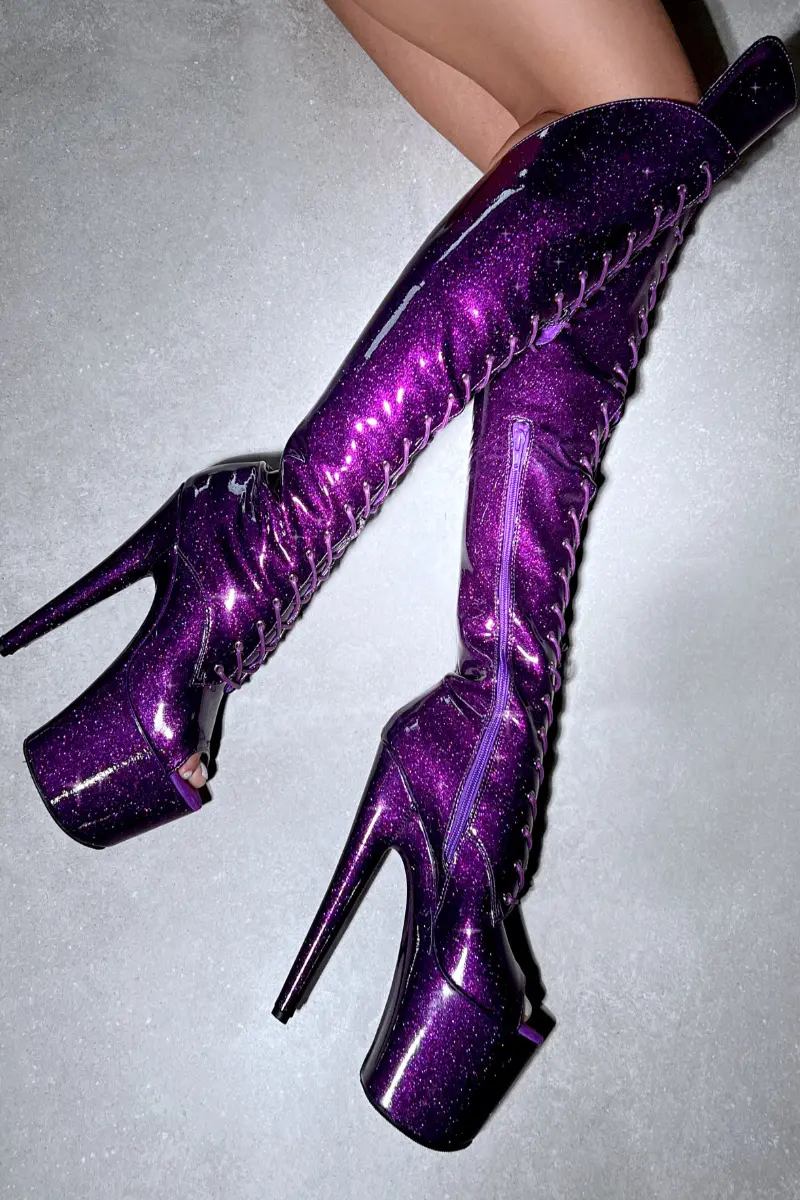 Hella Heels The Glitterati Open Toe Over The Knee 8Inch Boots - Purple Rain 1