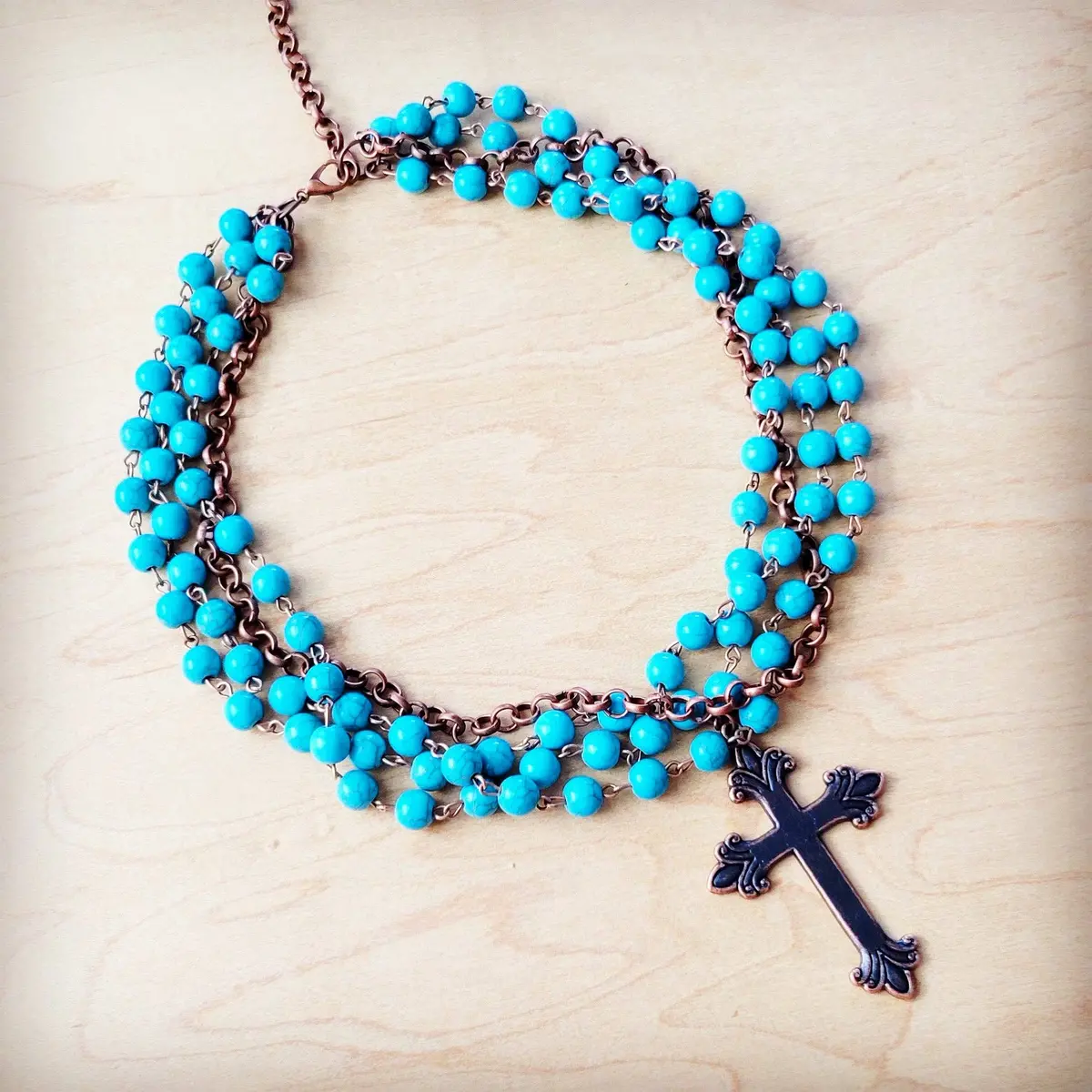 Blue Turquoise Beaded Collar Necklace With Cross Pendant 1